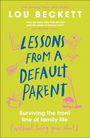 "Lessons from a Default Parent" in Blau, Handzeichnungen von pinkfarbenen Objekten auf limettengrünem Hintergrund.