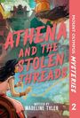 "Athena and the Stolen Threads" steht prominent in Rot. Eine Frau mit Helm sieht über antike Architektur, ein Mädchen hält einen Faden.