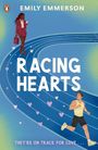 Text: "Emily Emmerson, Racing Hearts, A Steamy, Contemporary, New Adult Romance, Coming August 2026." Hintergrund in Lila-Blau.