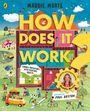 Titel: "HOW DOES IT WORK?". Oben: "MADDIE MOATE". Illustration: Verschiedene Abenteuer und Alltagsszenen.