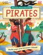 Text: "Discover, Press Out & Play PIRATES. Build your own treasure island!"  
Zwei Piraten schauen durch Fernrohre.