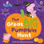 Text: "The Great Big Pumpkin Hunt". Zwei rosa Schweine in Halloween-Kostümen auf einem großen Kürbis, umgeben von Spinnennetzen.