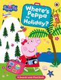 „Where's Peppa on Holiday?“ steht auf einem Koffer. Illustration mit Peppa Wutz, Bäumen, Meer und Tieren.