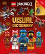 Texte: LEGO NINJAGO, VISUAL DICTIONARY. Figuren: Kai, Sora, Jay, Arin, Nya. Farbenfroh, im LEGO-Stil.