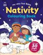 „My very first Bible“, „Nativity Colouring Book“. Illustration: Krippe mit Figuren und Tieren, über 30 Seiten zum Ausmalen.