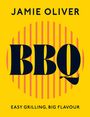 "JAMIE OLIVER BBQ" oben, "EASY GRILLING, BIG FLAVOUR" unten. Gelber Hintergrund, rot-gelbe Streifen.