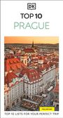 „TOP 10 PRAGUE“ in großer Schrift, darunter „TOP 10 LISTS FOR YOUR PERFECT TRIP“. Luftaufnahme einer Stadt mit roten Dächern.