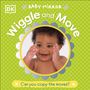 Text: "Baby Mirror Wiggle and Move. Can you copy the moves?" Ein fröhliches Baby, das in die Hände klatscht. Hintergrund grün.