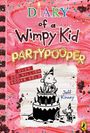 Text: "Diary of a Wimpy Kid: PARTYOOPER", "Over 300 million books sold", "Jeff Kinney". Illustration: Figur auf Torte.