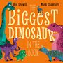 Das Cover zeigt den Text "The Biggest Dinosaur in the Book". Illustrierte Dinosaurier auf orangefarbenem Hintergrund.