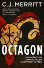 Titel: OCTAGON; Zitat: "A murdered spy. A ritual killing. A continent in peril."; Hintergrund: Abstrakte, rote und gelbe Formen.