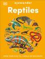 "Reptiles" in großen Buchstaben, darunter verschiedene Reptilienarten auf orangem Hintergrund, mit Logo oben links.