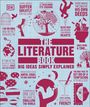 "The Literature Book: Big Ideas Simply Explained" in großer Schrift. Rote Illustrationen von symbolischen Szenen umrahmen die Zitate.