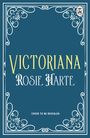 "VICTORIANA" und "ROSIE HARTE" in eleganter Schrift auf blauem Hintergrund, verziert mit floralen Mustern und einem kleinen Logo.