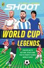 „THE VOICE OF FOOTBALL”, „WORLD CUP LEGENDS”. Illustration mit Fußballspielern in ikonischen Trikots und einer Fußballszene.