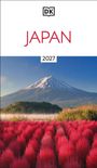 Text "JAPAN 2027". Impression von Mount Fuji und roten Pflanzen im Vordergrund, oben ein "DK"-Logo.