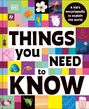 Texte: "A kid’s encyclopedia to explain the world" und "THINGS you NEED to KNOW". 
Bunte Quadrate, Bilder von Tieren, Natur, Sport, Wissenschaft und Herzen.