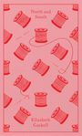 Text: "North and South", "Elizabeth Gaskell". Abbildung von roten Garnrollen auf rosa Hintergrund.