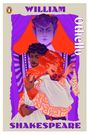"WILLIAM SHAKESPEARE Othello" in lila Schrift, Illustration von drei Personen, davon zwei in Umarmung, dramatischer Stil.