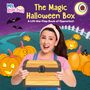 Text: "The Magic Halloween Box", "Ms. Rachel", "A Lift-the-Flap Book of Opposites". Frau hält eine Holzkiste, umgeben von Kürbissen.