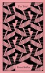 Titel: The Trial. Autor: Franz Kafka. Rosa Hintergrund mit schwarzem, geometrischem Treppenmuster.