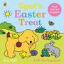 Cover mit buntem Text: „Spot’s Easter Treat“. Ein gelber Hund spielt mit Ostereiern, Küken und einem Hasen auf einer Wiese.