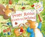 „Peter Rabbit Goes to School“, „With lots of flaps to look under“; Zeichnung von Hasen beim Malen im Grünen.
