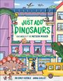 Titeltext: "Just Add Dinosaurs: Our World if the Meteor Missed." Illustration einer städtischen Szene mit Dinosauriern.