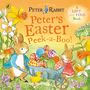 „Peter's Easter Peek-a-Boo!“ Ein Hase schiebt eine Karre voller bunter Ostereier, umgeben von Blumen.