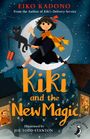 Text: „Eiko Kadono“, „Kiki and the New Magic“, „A Puffin Book“, „Coming August 2026“. Hintergrund in dunklem Blau mit Puffin-Logo.