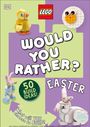 Text: "Would you rather?", "50 build ideas!", "Easter", "What will you choose to build?". LEGO-Kreationen von Tieren auf buntem Hintergrund.