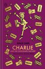"Roald Dahl, Charlie and the Chocolate Factory, illustrated by Quentin Blake. Illustration eines fröhlichen Jungen mit Süßigkeiten."