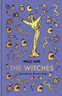 „ROALD DAHL THE WITCHES Illustrated by Quentin Blake“. Eine Illustration zeigt eine fröhliche Figur mit Schlangen, Mäusen und Uhren.