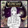 „Wednesday - The Official Glow Colouring Book“ oben, „Pages Glow in the Dark!“ links. 

Eine Illustration zeigt eine ernste Person mit Zöpfen, umgeben von Blumen, einem Nachtfalter und Sternzeichen. Balkon.