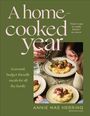 „A home-cooked year“ und „Seasonal, budget-friendly meals for all the family“ in rosa, grüner Hintergrund. Teller mit Essen.