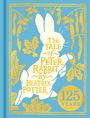 „The Tale of Peter Rabbit by Beatrix Potter“ und „Peter Rabbit 125 Years“. Silhouette eines Hasen mit goldenen Blättern.
