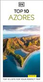 "TOP 10 AZORES" oben, "TOP 10 LISTS FOR YOUR PERFECT TRIP" unten. Luftaufnahme von Küste und Bergen. Logo "DK".