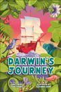 „Darwin's Journey“, ein rotes Schiff segelt auf Wellen, umgeben von tropischen Blättern, Schmetterlingen und einem Vogel.