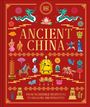 „Ancient China“ in goldener Schrift vor rotem Hintergrund. Illustrationen von Drachen, Kriegern und Laternen umgeben den Text.