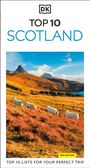 "Top 10 Scotland" mit Schafen in hügeliger Landschaft und Bergen im Hintergrund unter blauem Himmel.
