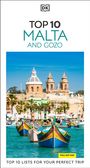 "Top 10 Malta and Gozo" in großen Buchstaben, darunter bunt bemalte Fischerboote vor einer Kirche mit zwei Türmen.