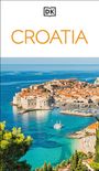 Text im oberen Bereich: "CROATIA". Darunter Küstenpanorama mit historischen Gebäuden und türkisblauem Meer. Logo mit "DK".