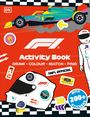 "Activity Book. Draw, Colour, Match, Find. 100% Official. With 200+ Stickers. Illustration eines Rennwagens und Helms."