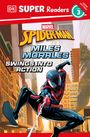 Text: "SUPER Readers, Spider-Man, Miles Morales, Swings Into Action." Illustration von Spider-Man, der durch eine Stadt schwingt.