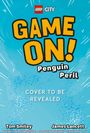Oben links "LEGO CITY" Logo, darunter "GAME ON! Penguin Peril". Unten steht "Cover to be revealed". Hintergrund: Blau mit Punkten.
