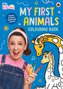 "MY FIRST ANIMALS COLOURING BOOK" in bunten Buchstaben. Frau mit rosa Stirnband hält Buntstifte, lächelt. Illustrationen von Giraffen.