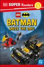 "Super Readers", "Level 2", "LEGO", "Batman Saves the Day!". Batman und Robin fahren LEGO Fahrzeuge, voller Action.