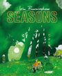 SEASONS in weißer Schrift auf grünem Hintergrund, darunter in Handschrift "John Burningham", kleines Pinguin-Logo unten.