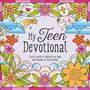 Text: "My Teen Devotional", "A girl's guide to finding love, hope, and courage in the everyday", "Includes journaling...". Illustration mit Blumen, Wolken, Sternen und einer Taube.