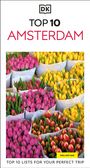 Text: "Top 10 Amsterdam" und "Top 10 Lists for Your Perfect Trip". Logo mit Initialen "DK". Farbenfrohe Tulpenbünde.